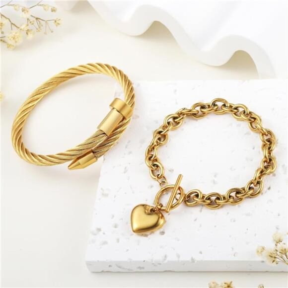 18K Gold Plated Nail Bracelet Set, Adjustable Stackable Bangles for Women - Picture 6 of 6